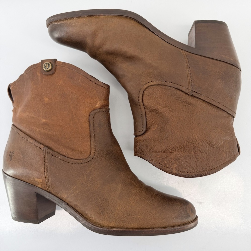 FRYE Jolene Brown Leather Western Pull On Button Block Heel Short Boots 8M